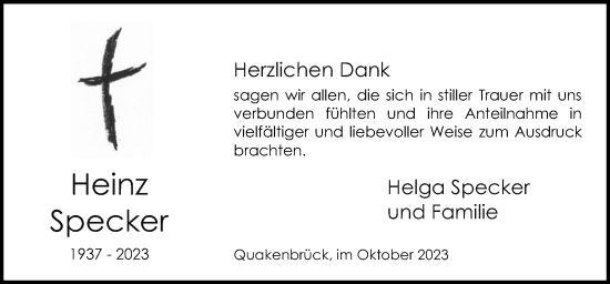 Traueranzeige von Heinz Specker von Neue Osnabrücker Zeitung GmbH & Co. KG