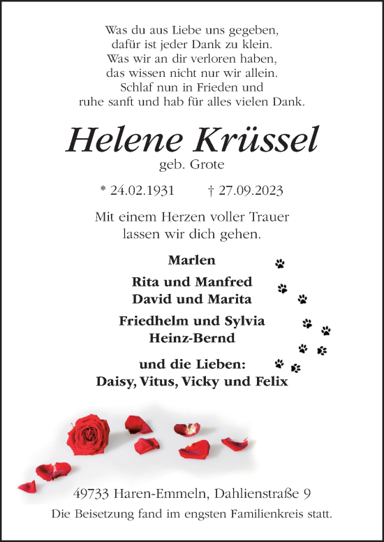 Traueranzeige von Helene Krüssel von Neue Osnabrücker Zeitung GmbH & Co. KG