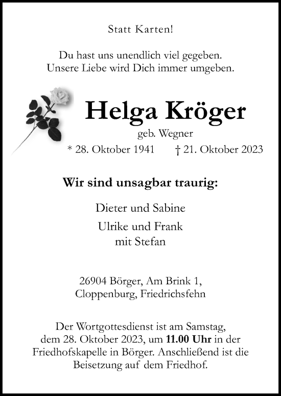 Traueranzeige von Helga Kröger von Neue Osnabrücker Zeitung GmbH & Co. KG