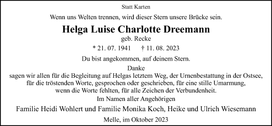 Traueranzeige von Helga Luise Charlotte Dreemann von Neue Osnabrücker Zeitung GmbH & Co. KG