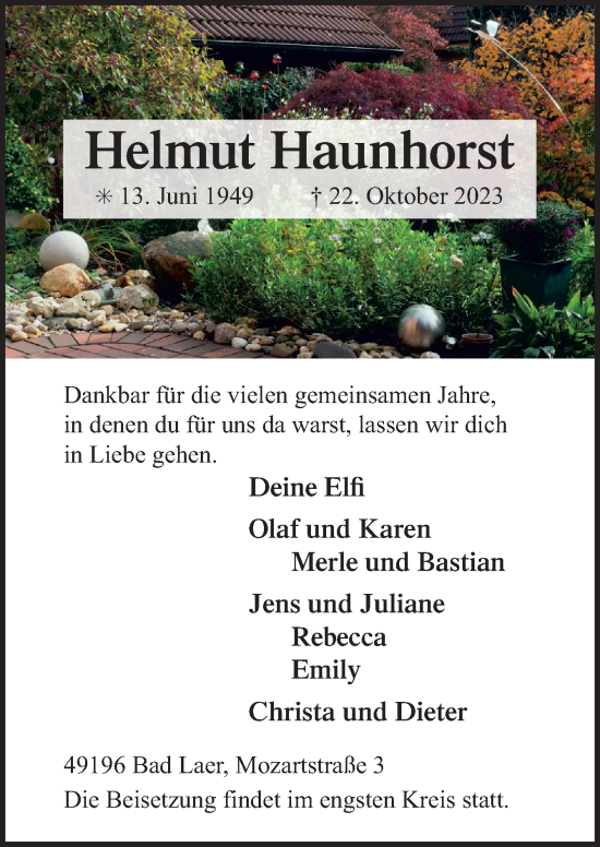 Traueranzeige von Helmut Haunhorst von Neue Osnabrücker Zeitung GmbH & Co. KG