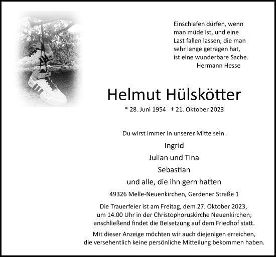 Traueranzeige von Helmut Hülskötter von Neue Osnabrücker Zeitung GmbH & Co. KG