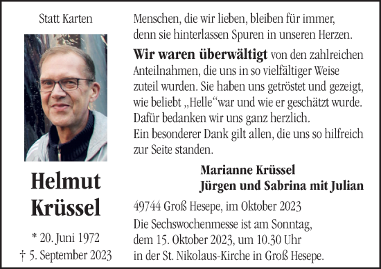 Traueranzeige von Helmut Krüssel von Neue Osnabrücker Zeitung GmbH & Co. KG