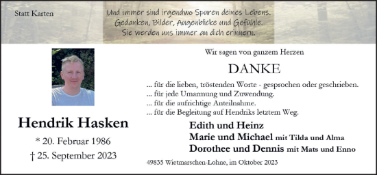 Traueranzeige von Hendrik Hasken von Neue Osnabrücker Zeitung GmbH & Co. KG