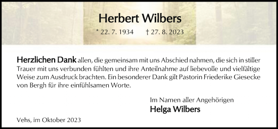 Traueranzeige von Herbert Wilbers von Neue Osnabrücker Zeitung GmbH & Co. KG