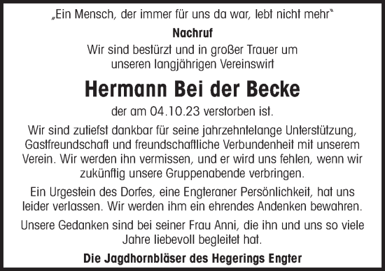 Traueranzeige von Hermann Bei der Becke von Neue Osnabrücker Zeitung GmbH & Co. KG