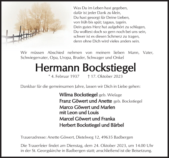 Traueranzeige von Hermann Bockstiegel von Neue Osnabrücker Zeitung GmbH & Co. KG