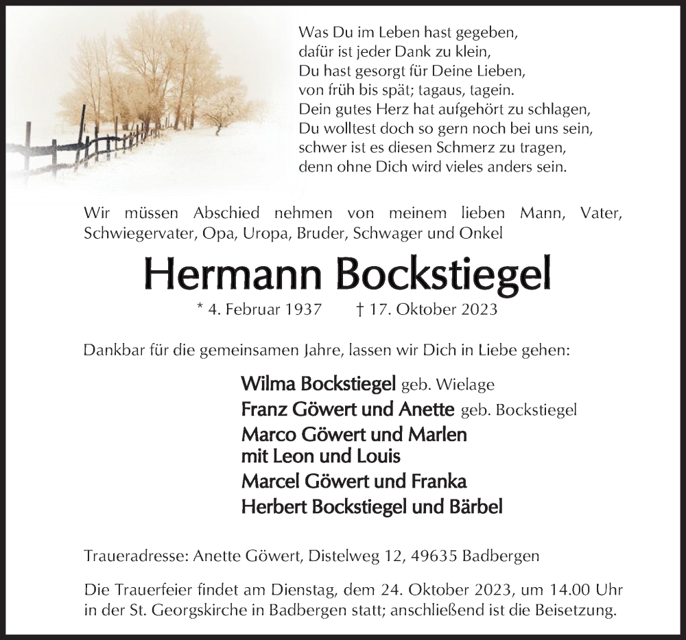  Traueranzeige für Hermann Bockstiegel vom 20.10.2023 aus Neue Osnabrücker Zeitung GmbH & Co. KG