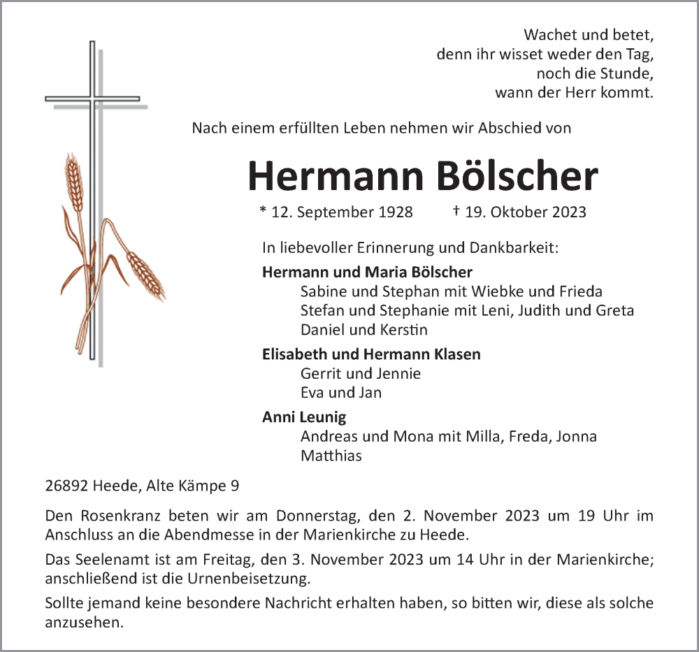  Traueranzeige für Hermann Bölscher vom 25.10.2023 aus Neue Osnabrücker Zeitung GmbH & Co. KG