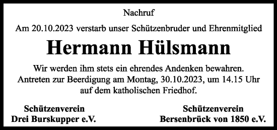 Traueranzeige von Hermann Hülsmann von Neue Osnabrücker Zeitung GmbH & Co. KG