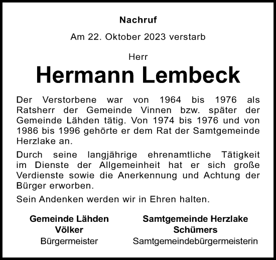 Traueranzeige von Hermann Lembeck von Neue Osnabrücker Zeitung GmbH & Co. KG