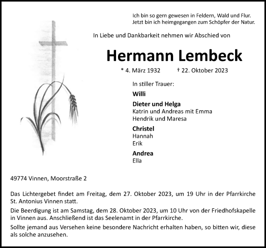 Traueranzeige von Hermann Lembeck von Neue Osnabrücker Zeitung GmbH & Co. KG
