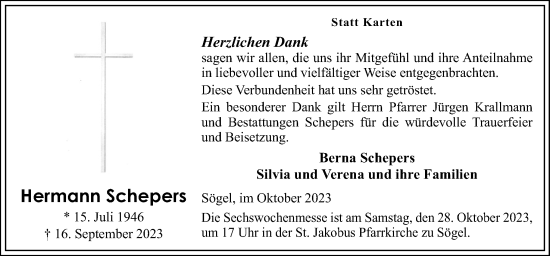 Traueranzeige von Hermann Schepers von Neue Osnabrücker Zeitung GmbH & Co. KG