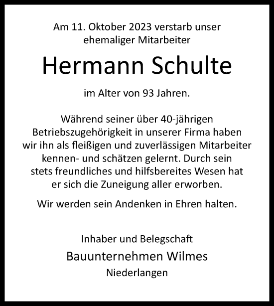 Traueranzeige von Hermann Schulte von Neue Osnabrücker Zeitung GmbH & Co. KG