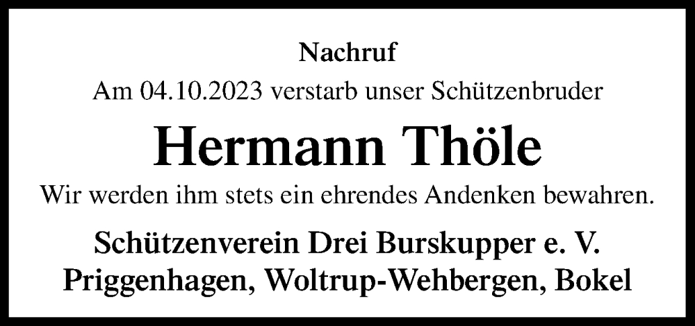  Traueranzeige für Hermann Thöle vom 12.10.2023 aus Neue Osnabrücker Zeitung GmbH & Co. KG