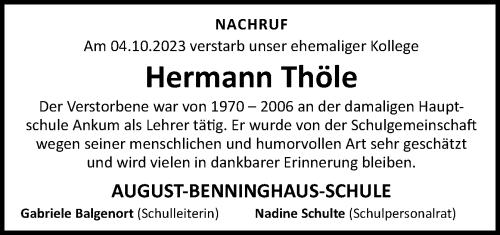  Traueranzeige für Hermann Thöle vom 12.10.2023 aus Neue Osnabrücker Zeitung GmbH & Co. KG