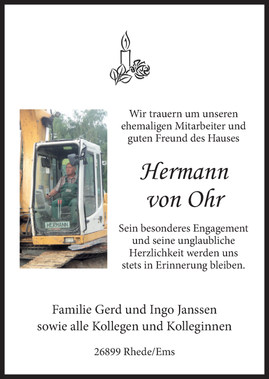 Traueranzeige von Hermann von Ohr von Neue Osnabrücker Zeitung GmbH & Co. KG