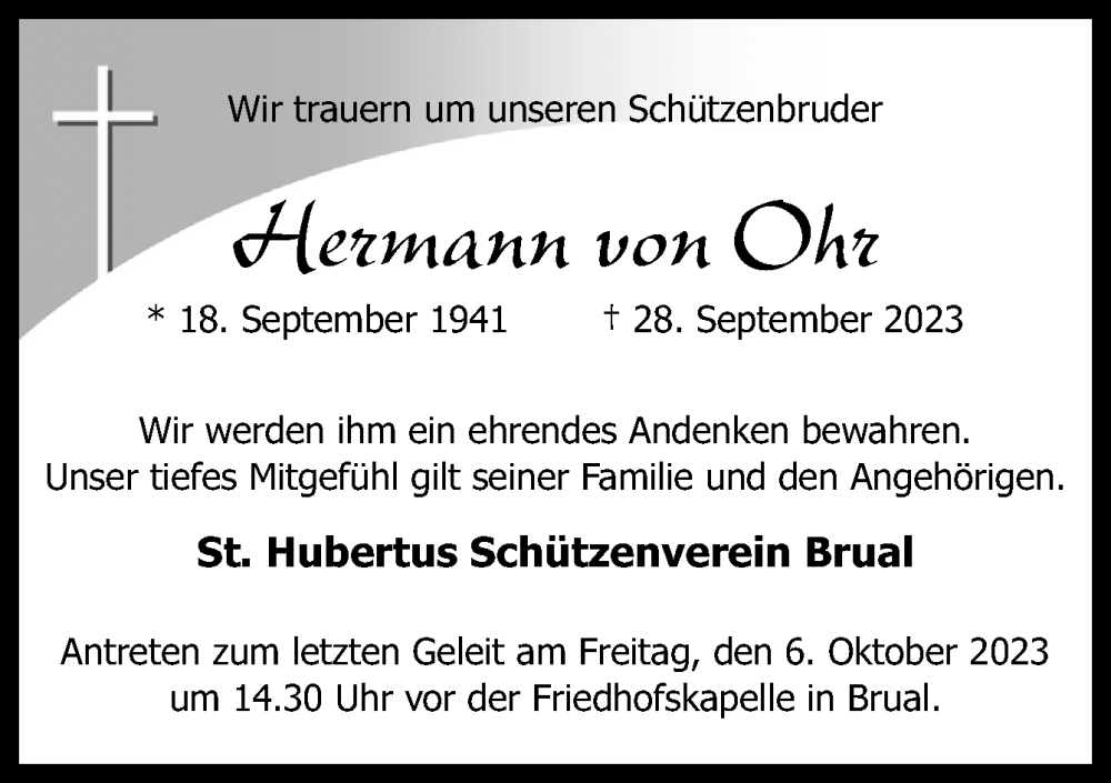  Traueranzeige für Hermann von Ohr vom 02.10.2023 aus Neue Osnabrücker Zeitung GmbH & Co. KG
