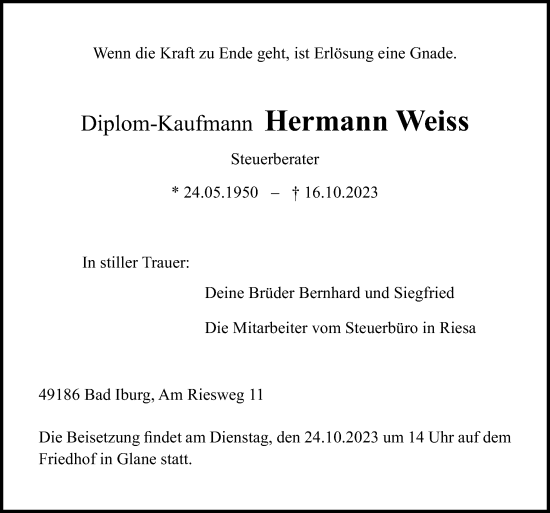 Traueranzeige von Hermann Weiss von Neue Osnabrücker Zeitung GmbH & Co. KG