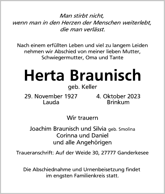 Traueranzeige von Herta Braunisch von DK Medien GmbH & Co. KG