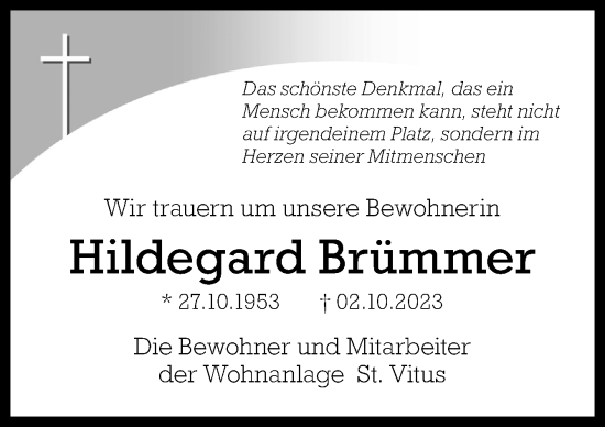 Traueranzeige von Hildegard Brümmer von Neue Osnabrücker Zeitung GmbH & Co. KG