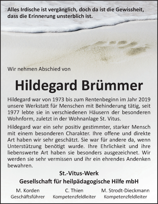 Traueranzeige von Hildegard Brümmer von Neue Osnabrücker Zeitung GmbH & Co. KG