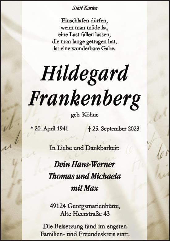 Traueranzeige von Hildegard Frankenberg von Neue Osnabrücker Zeitung GmbH & Co. KG