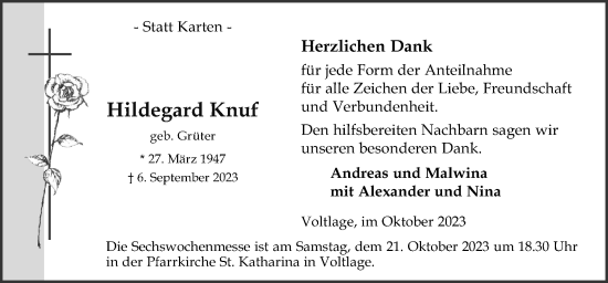 Traueranzeige von Hildegard Knuf von Neue Osnabrücker Zeitung GmbH & Co. KG