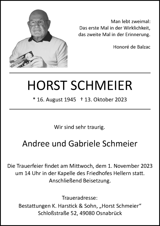Traueranzeige von Horst Schmeier von Neue Osnabrücker Zeitung GmbH & Co. KG