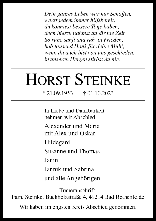 Traueranzeige von Horst Steinke von Neue Osnabrücker Zeitung GmbH & Co. KG