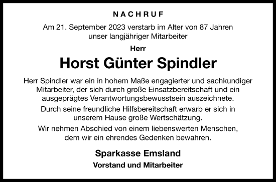 Traueranzeige von Horst Günter Spindler von Neue Osnabrücker Zeitung GmbH & Co. KG