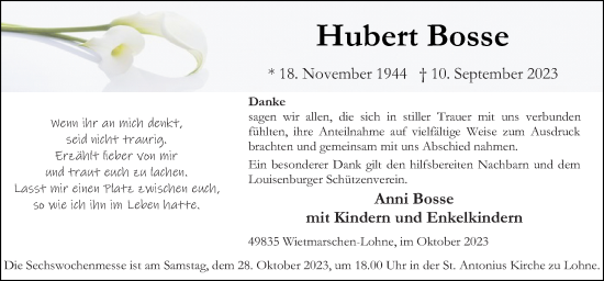 Traueranzeige von Hubert Bosse von Neue Osnabrücker Zeitung GmbH & Co. KG