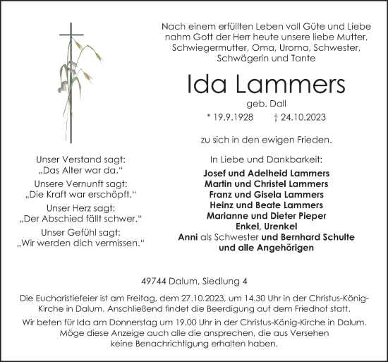 Traueranzeige von Ida Lammers von Neue Osnabrücker Zeitung GmbH & Co. KG