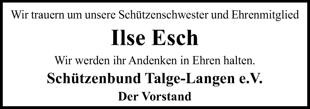  Traueranzeige für Ilse Esch vom 25.10.2023 aus Neue Osnabrücker Zeitung GmbH & Co. KG