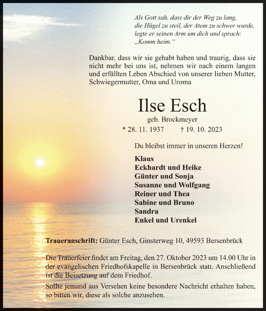  Traueranzeige für Ilse Esch vom 23.10.2023 aus Neue Osnabrücker Zeitung GmbH & Co. KG