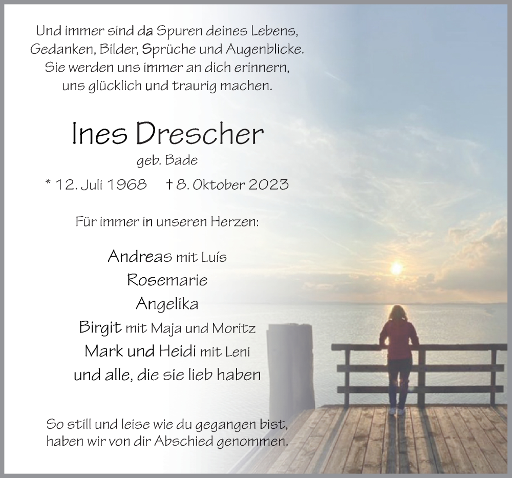  Traueranzeige für Ines Drescher vom 28.10.2023 aus Neue Osnabrücker Zeitung GmbH & Co. KG