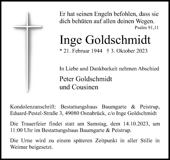 Traueranzeige von Inge Goldschmidt von Neue Osnabrücker Zeitung GmbH & Co. KG