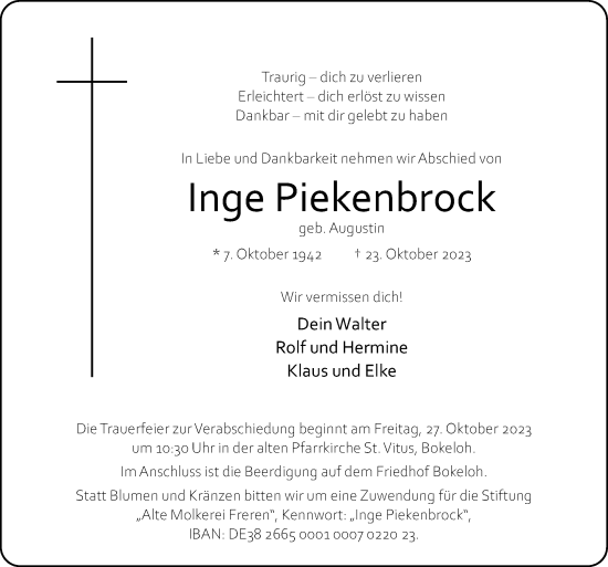 Traueranzeige von Inge Piekenbrock von Neue Osnabrücker Zeitung GmbH & Co. KG