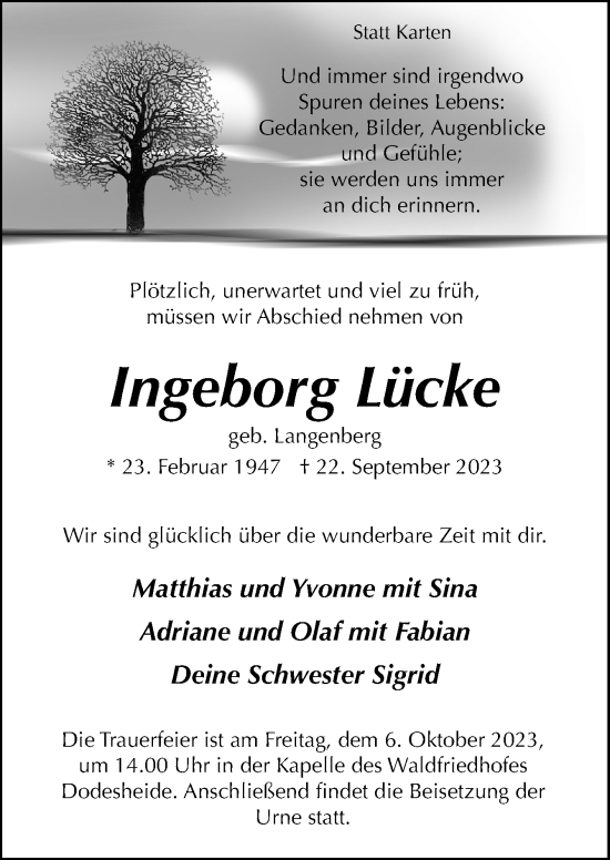 Traueranzeige von Ingeborg Lücke von Neue Osnabrücker Zeitung GmbH & Co. KG