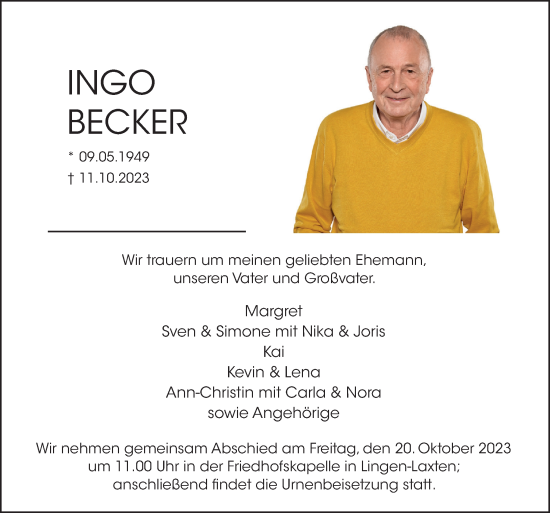 Traueranzeige von Ingo Becker von Neue Osnabrücker Zeitung GmbH & Co. KG