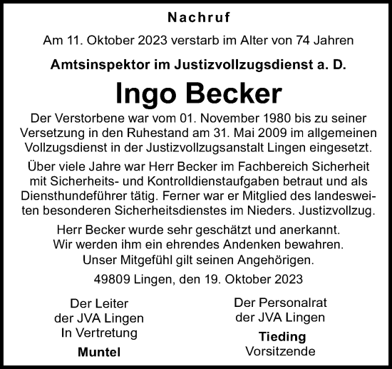 Traueranzeige von Ingo Becker von Neue Osnabrücker Zeitung GmbH & Co. KG