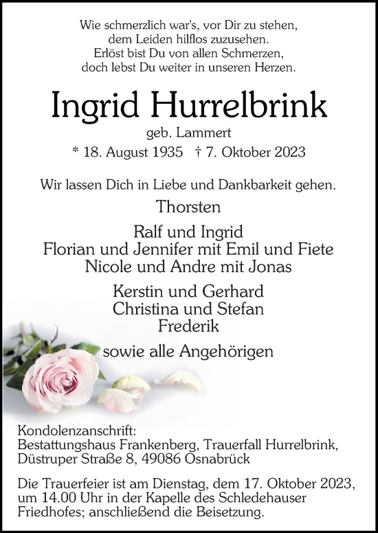 Traueranzeige von Ingrid Hurrelbrink von Neue Osnabrücker Zeitung GmbH & Co. KG