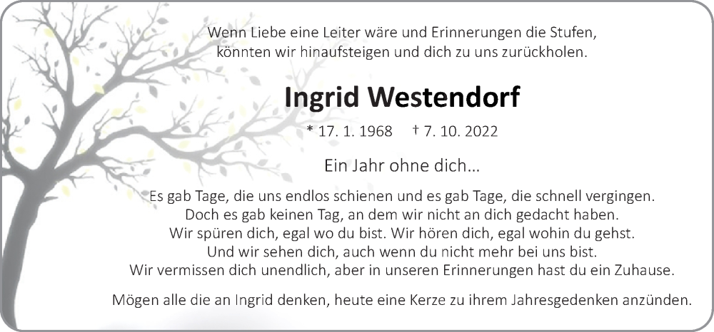  Traueranzeige für Ingrid Westendorf vom 07.10.2023 aus Neue Osnabrücker Zeitung GmbH & Co. KG