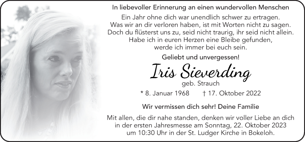  Traueranzeige für Iris Sieverding vom 14.10.2023 aus Neue Osnabrücker Zeitung GmbH & Co. KG