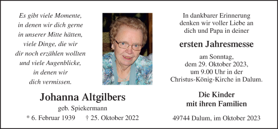 Traueranzeige von Johanna Altgilbers von Neue Osnabrücker Zeitung GmbH & Co. KG