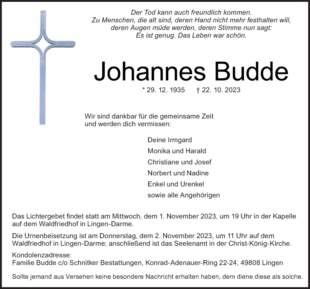  Traueranzeige für Johannes Budde vom 25.10.2023 aus Neue Osnabrücker Zeitung GmbH & Co. KG
