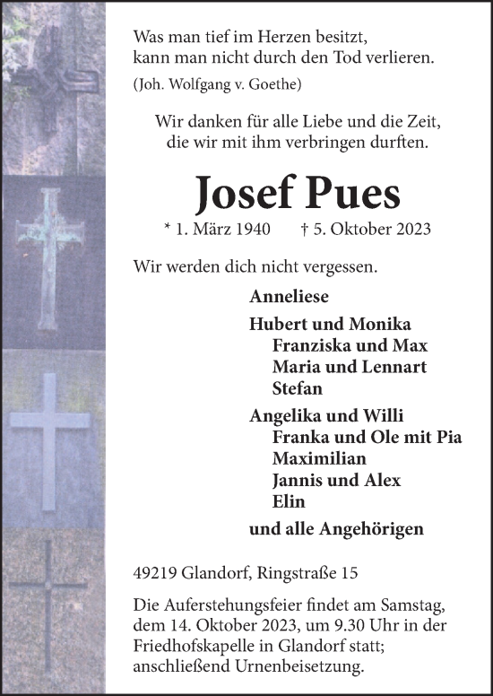 Traueranzeige von Josef Pues von Neue Osnabrücker Zeitung GmbH & Co. KG