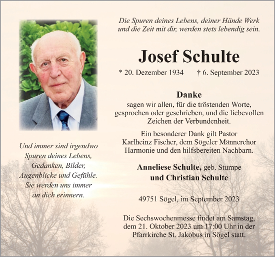 Traueranzeige von Josef Schulte von Neue Osnabrücker Zeitung GmbH & Co. KG