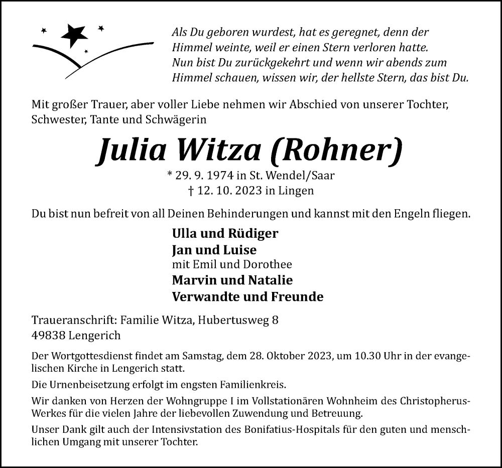  Traueranzeige für Julia Witza vom 16.10.2023 aus Neue Osnabrücker Zeitung GmbH & Co. KG