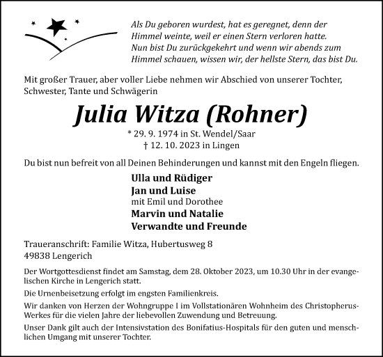 Traueranzeige von Julia Witza von Neue Osnabrücker Zeitung GmbH & Co. KG